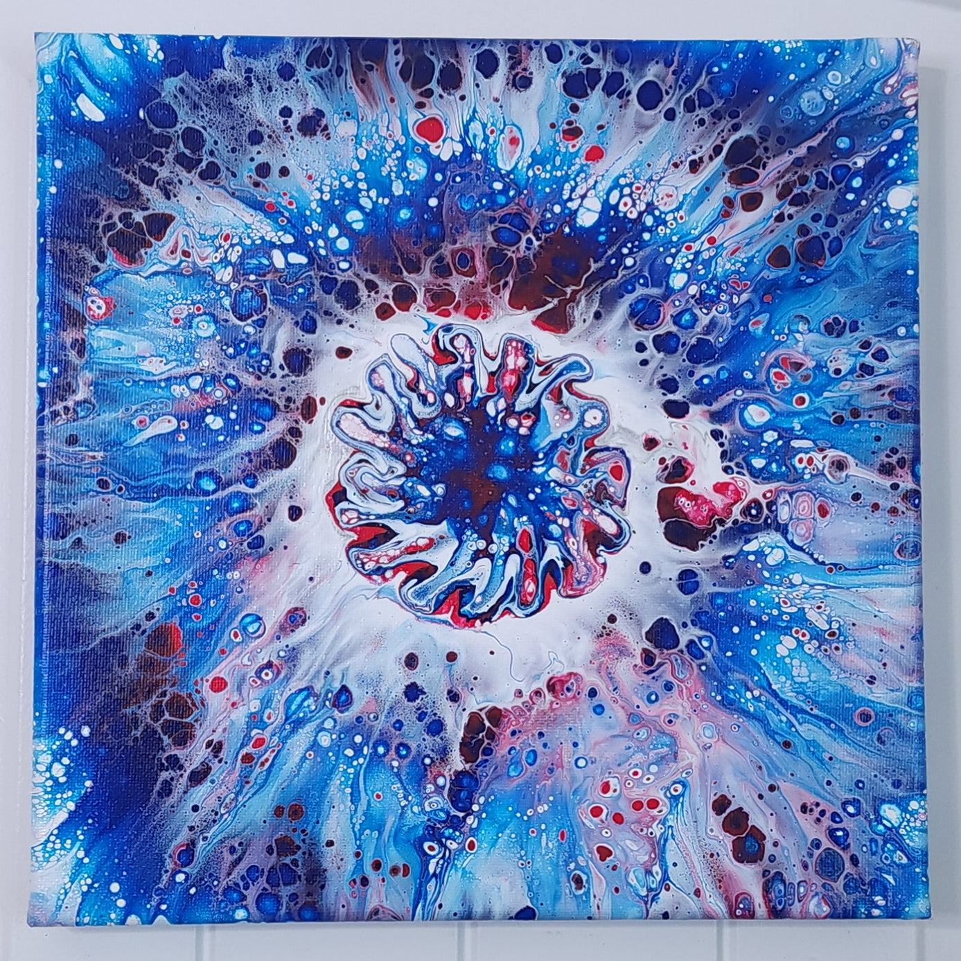 10x10 Red, White & Blue Burst Pour Painting