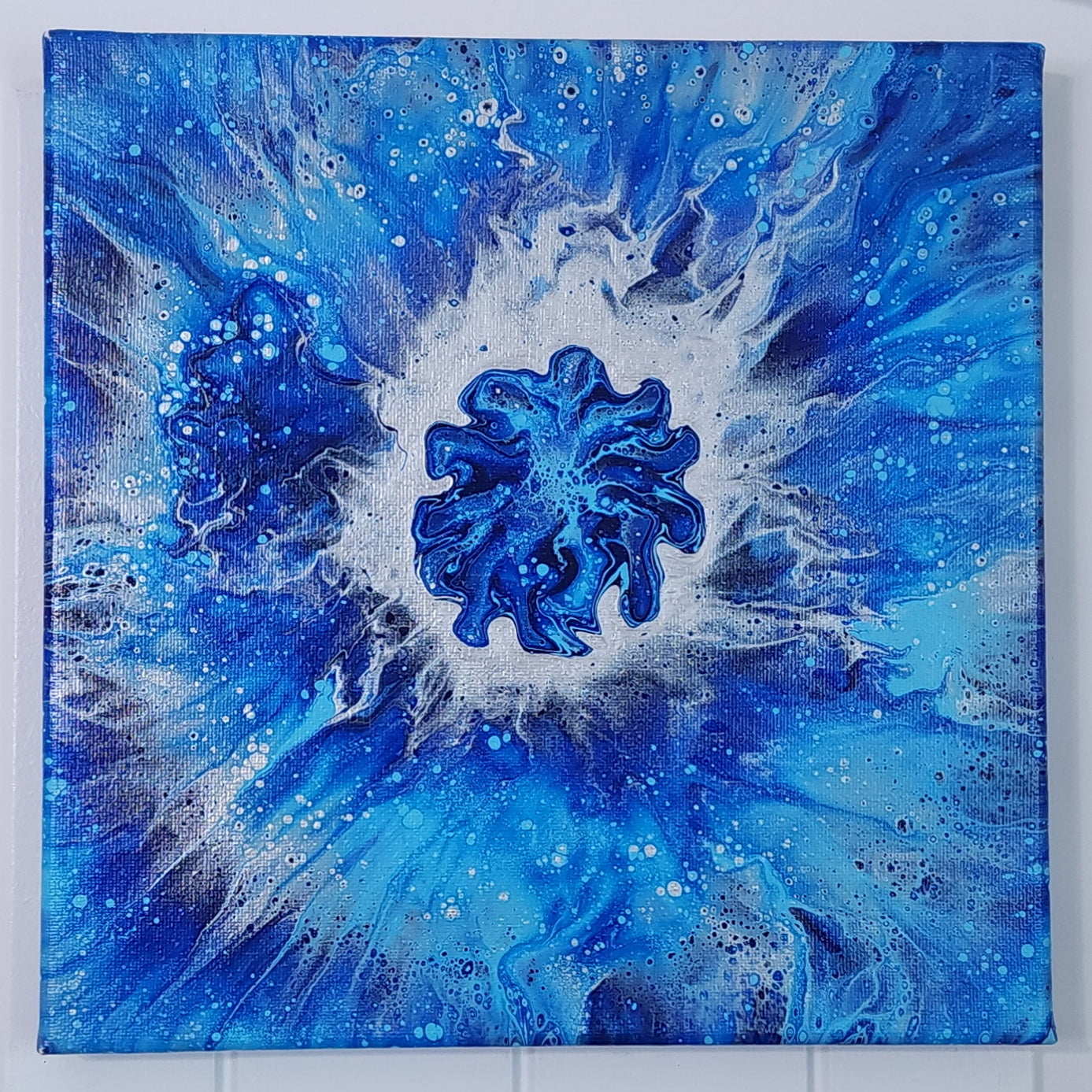 10x10 Blue & Silver Burst Pour Painting