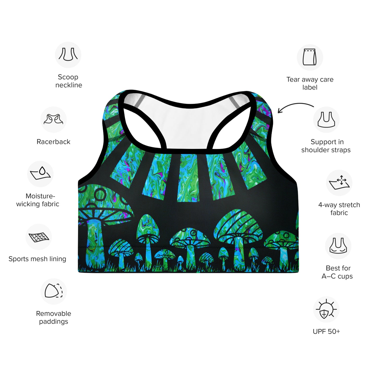 Sunshine & Shrooms (Green) Padded Sports Bra
