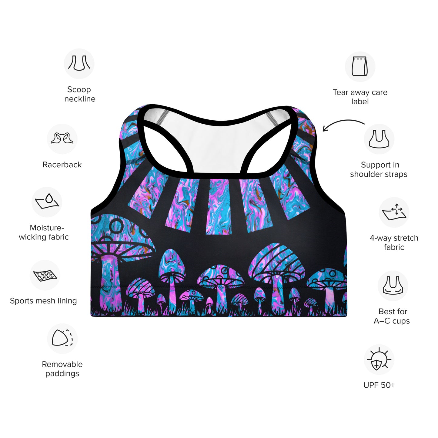 Sunshine & Shrooms (Blue) Padded Sports Bra
