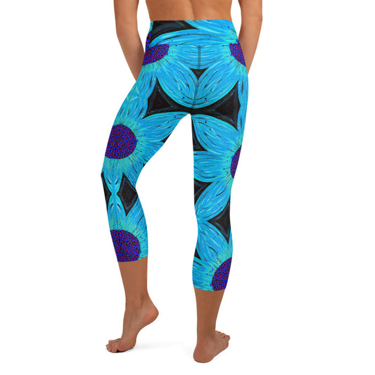 Neon Light Blue Flower Yoga Capri Leggings