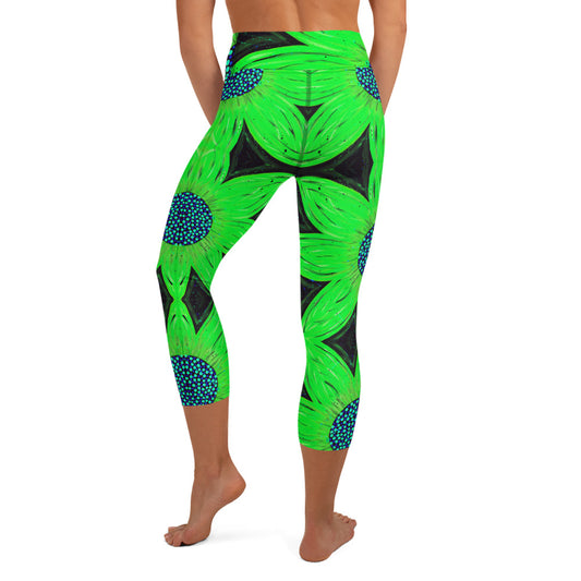 Neon Green Flower Yoga Capri Leggings