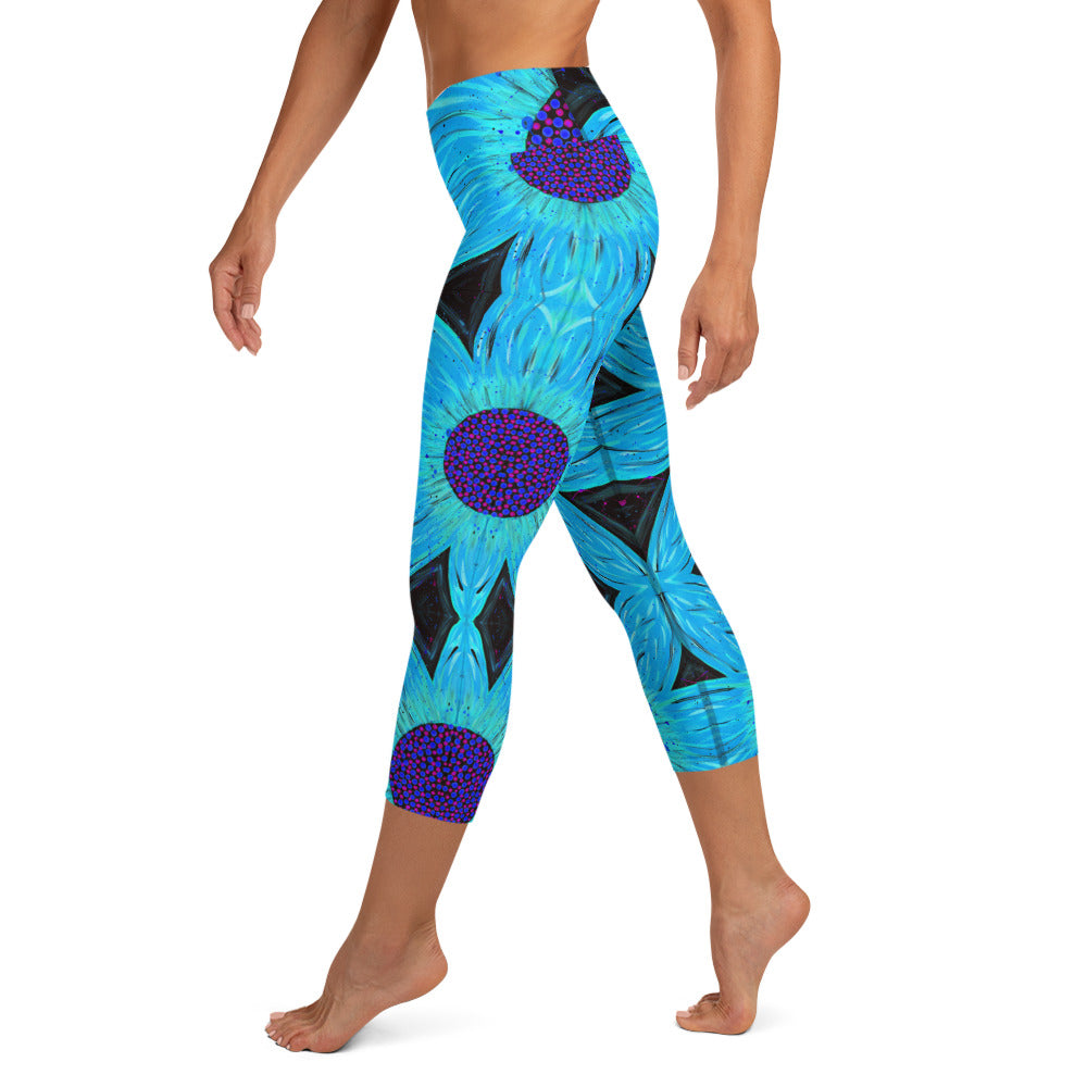 Neon Light Blue Flower Yoga Capri Leggings
