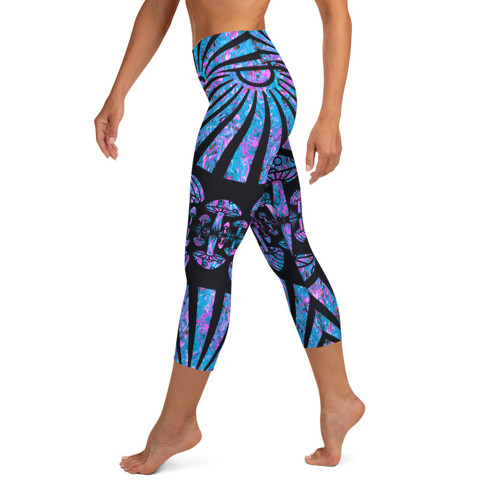 Sunshine & Shrooms (Blue) Yoga Capri Leggings