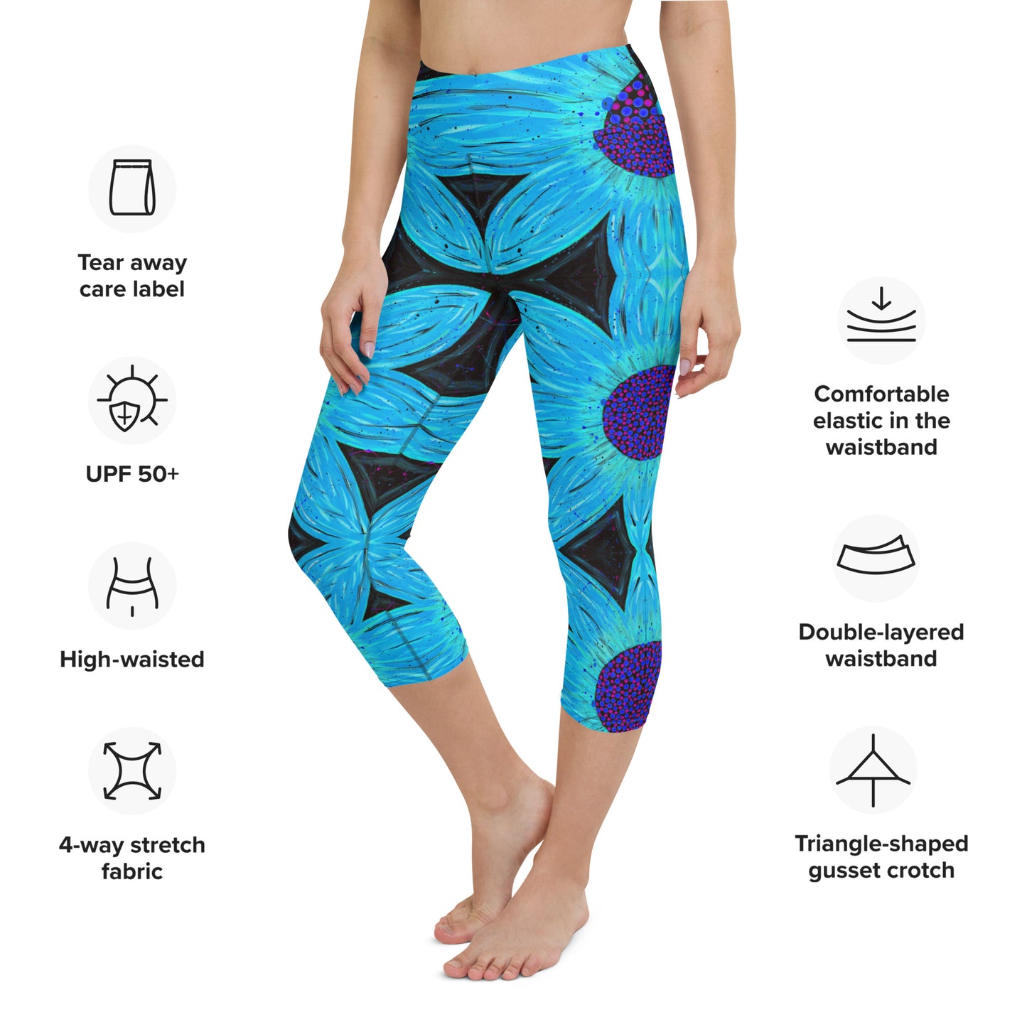 Neon Light Blue Flower Yoga Capri Leggings