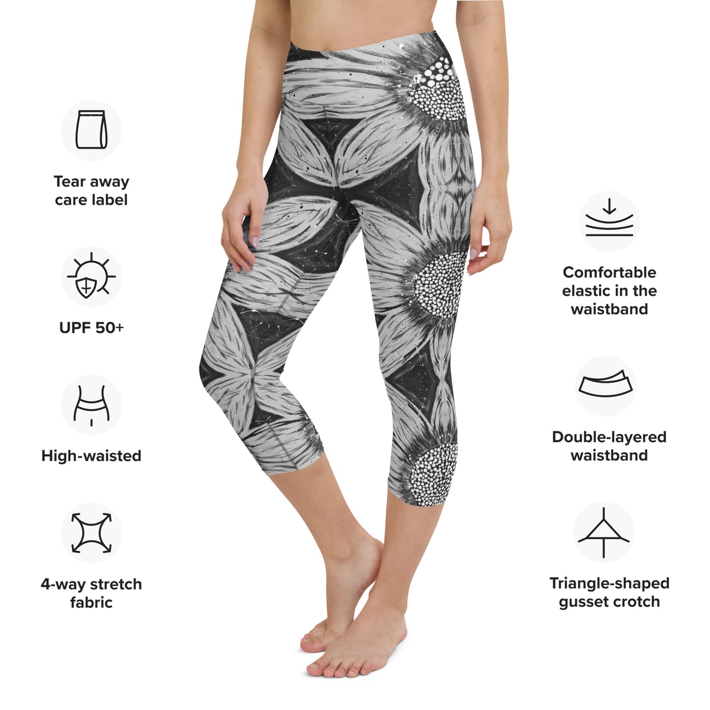 Monochrome Flower Yoga Capri Leggings