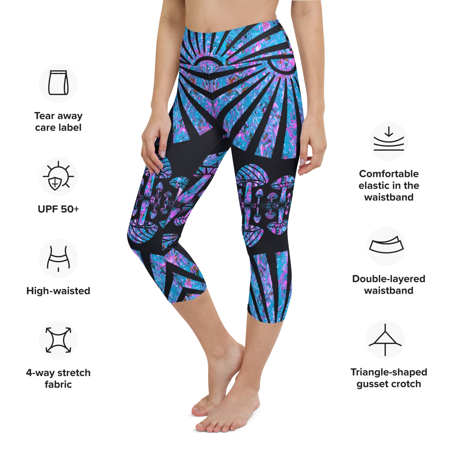 Sunshine & Shrooms (Blue) Yoga Capri Leggings