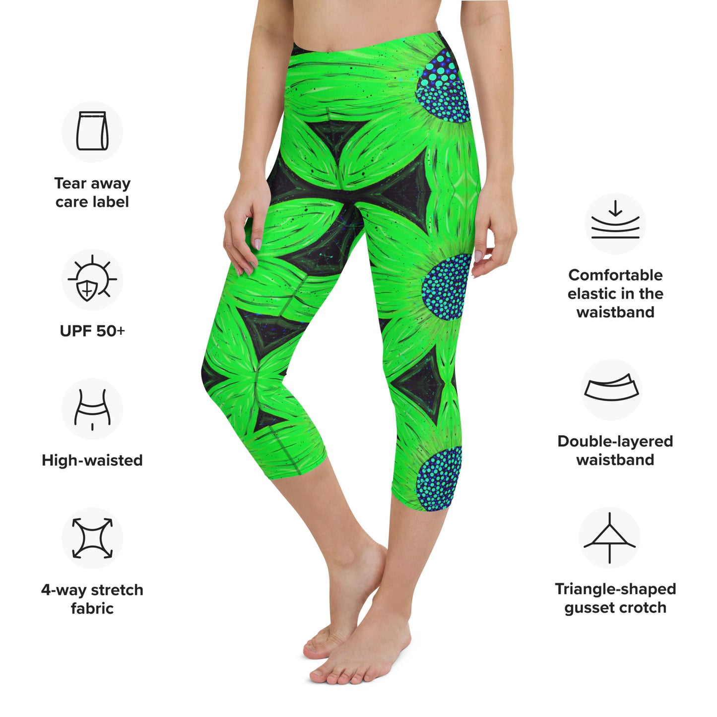 Neon Green Flower Yoga Capri Leggings