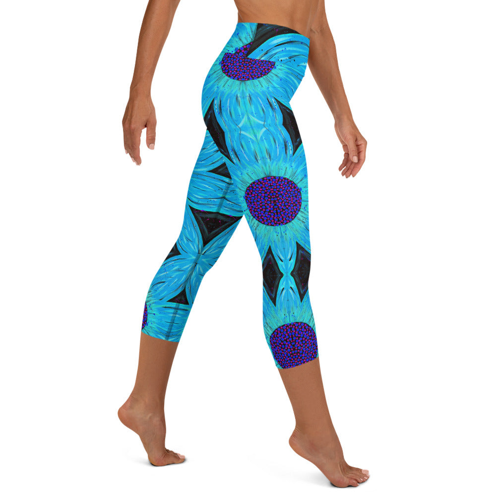 Neon Light Blue Flower Yoga Capri Leggings
