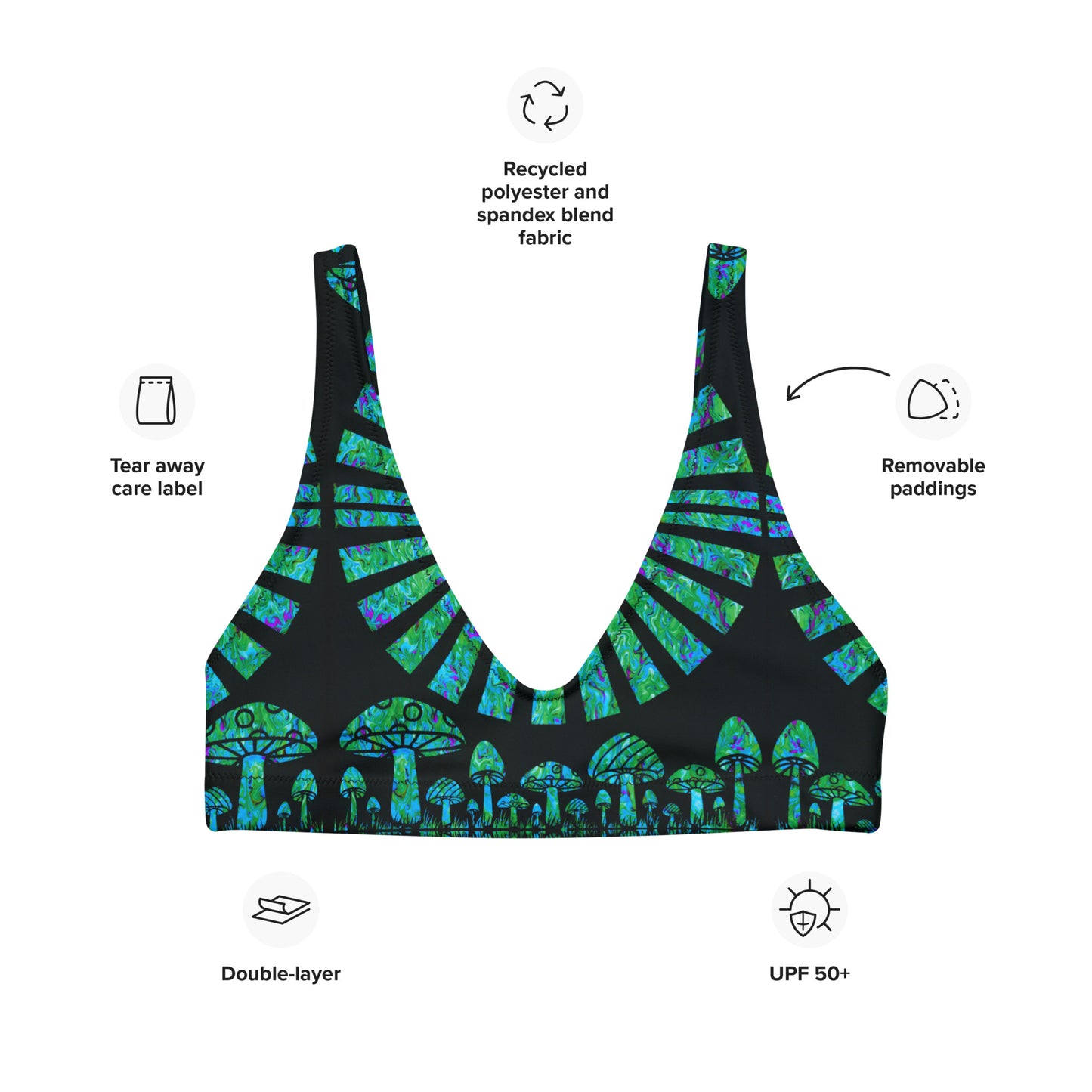 Sunshine & Shrooms (Green) Padded Bikini Top