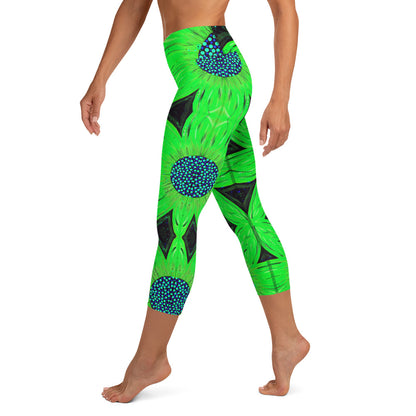 Neon Green Flower Yoga Capri Leggings