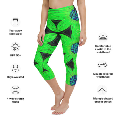 Neon Green Flower Yoga Capri Leggings