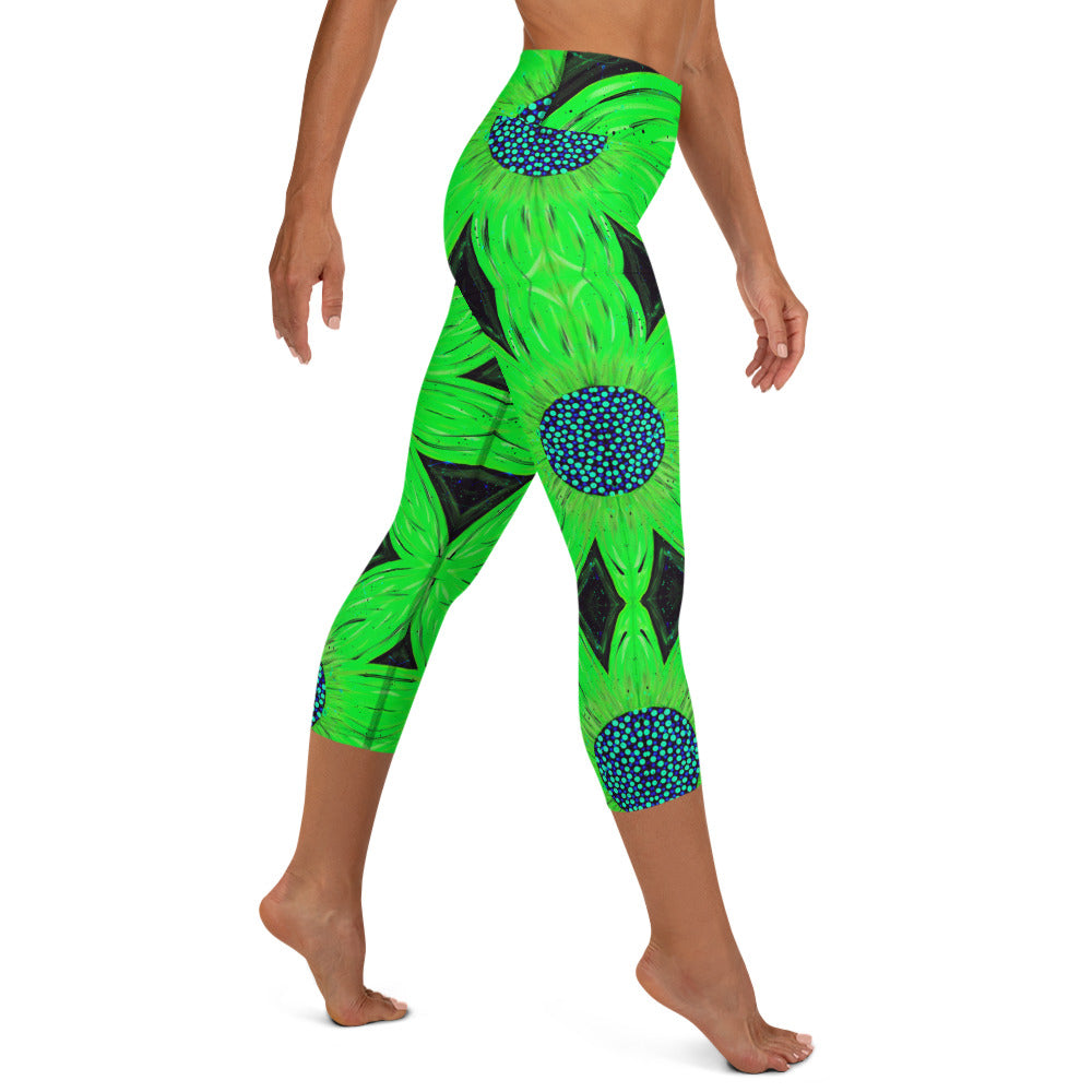 Neon Green Flower Yoga Capri Leggings