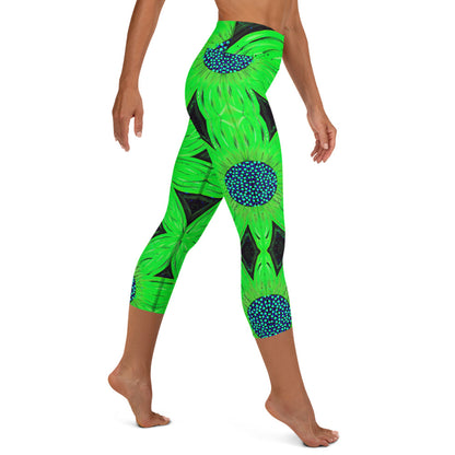 Neon Green Flower Yoga Capri Leggings
